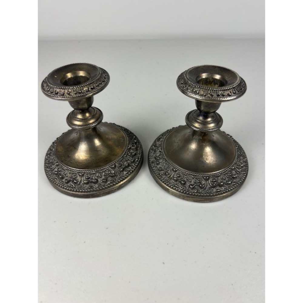 Vintage Silver Plated Weighted Candlestick Set Floral Repousse Beaded 4 Inch